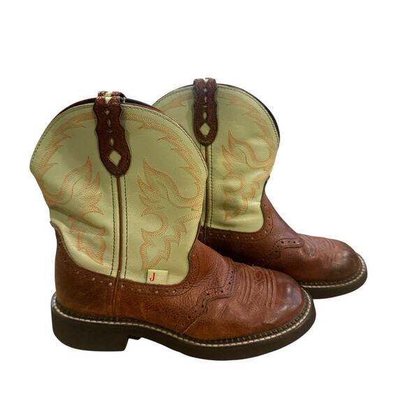 Justin Women’s Western Cowboy Boots Brown & Green Leather Size 7B Style L9904 - Picture 1 of 8
